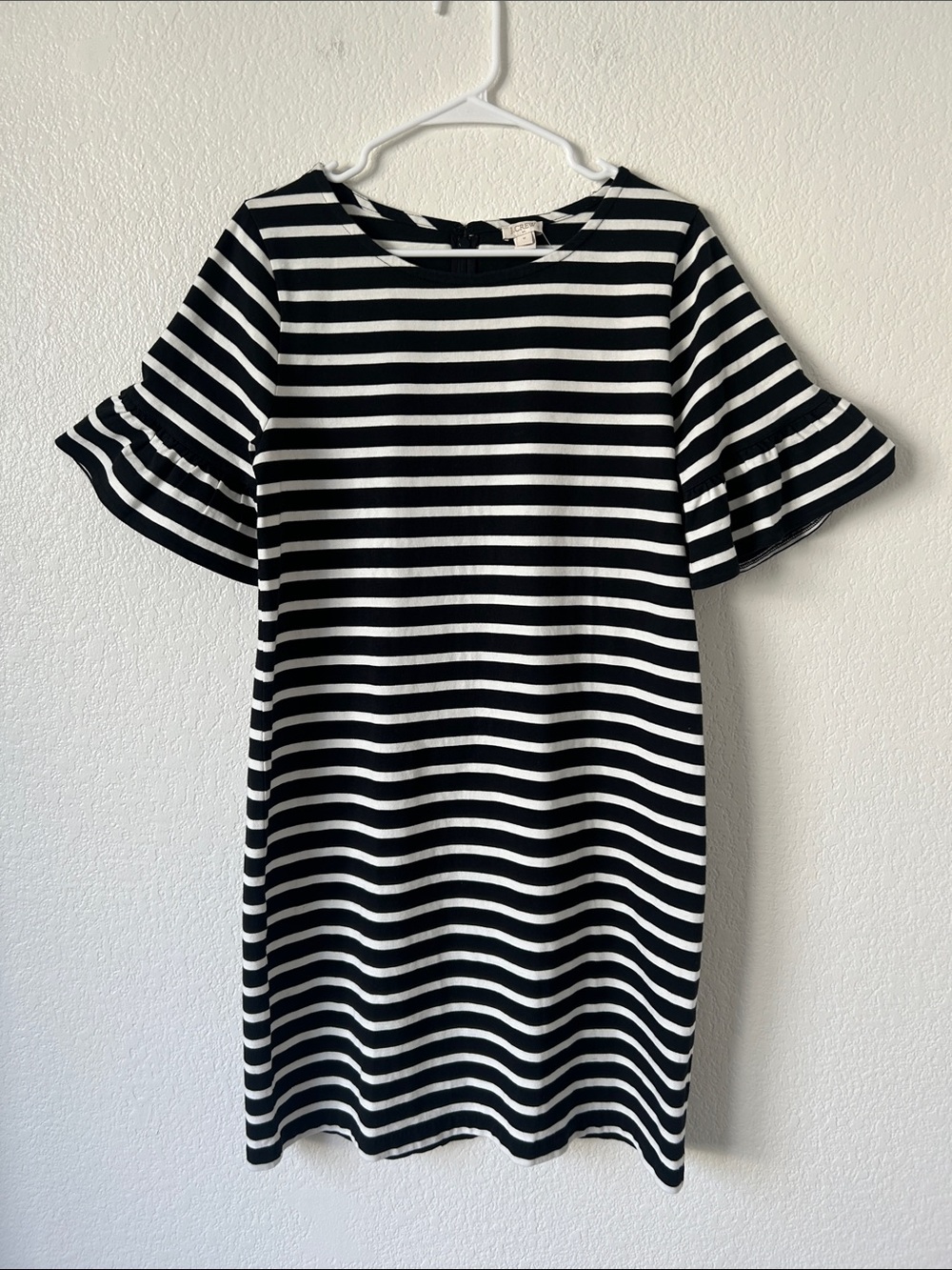 J. Crew Black and White Striped T-shirt Ruffle Sleeve Dress
